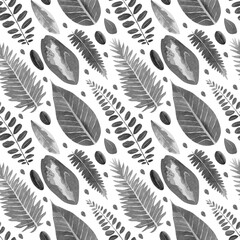 Tropical leaves watercolor background. Seamless pattern with black and white botanical illustration of tropical leaf of protea, palm, banana, acacia for textile