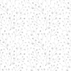 Black and white flowers background. Seamless watercolor floral pattern with abstract flowers, petals, branches cherry, sakura blossom for textile, bed linen and sleepwear prints, wallpapers