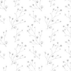 Black and white flowers background. Seamless watercolor floral pattern with hand drawn illustration of abstract flowers, cute cherry, sakura blossom for textile, bed linen