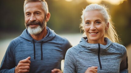 A smiling senior couple jogs together, enjoying their outdoor workout with healthy lifestyle and fitness.
