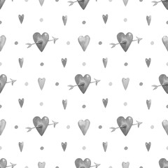 Heart with arrow background. Seamless watercolor pattern with black and white hand drawn illustration of hearts, confetti, for textile, valentines day decorations, wrapping paper