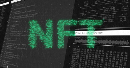 Displaying stylized green NFT on computer interface, with source code and encryption panel