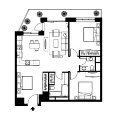 Architectural plan icons of a house in top view. Floor plan with furniture.