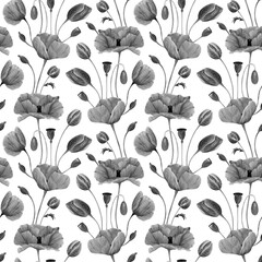 Poppies background. Seamless watercolor floral pattern with black and white poppies wildflower, bud, leaves for textile, wallpapers