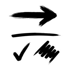 Hand drawn doodle design elements. Arrow, check mark, underline.