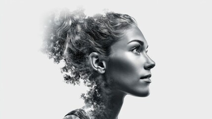A black and white portrait of a woman's face in profile, with a unique overlay of tree branches.