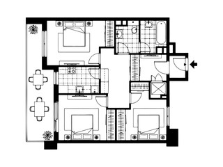 Architectural plan icons of a house in top view. Floor plan with furniture.