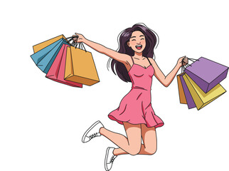 Illustration of a happy girl with pink short dress jumping with shopping bags, isolated on white background