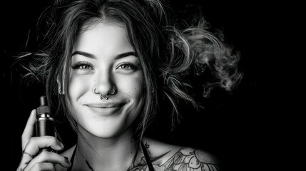 A woman with piercings smiles while holding a vape pen with smoke. The black and white shot creates a dramatic effect.