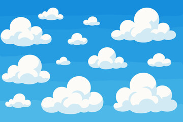 Fluffy white clouds floating in a vibrant blue sky background. Cute cartoon vector illustration. Simple skyscape for kids, game asset, or animation. Sunny weather nature backdrop.