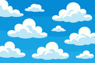 Cartoon blue sky background with fluffy white cumulus clouds. Seamless vector pattern of a bright sunny day. Cute weather and nature concept for children, comics, or game art.
