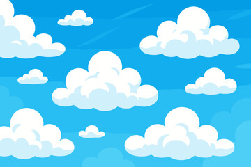 Cartoon blue sky with fluffy white clouds background. Vector illustration of a sunny summer day. Beautiful clear weather scenery, peaceful nature landscape for kids backdrop or wallpaper.