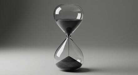 Hourglass with Black Sand on Gray Background, Time Passing Concept