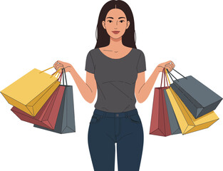 Illustration of a slim brunette woman with jeans and short sleeved blouse holding shopping bags, isolated on white background