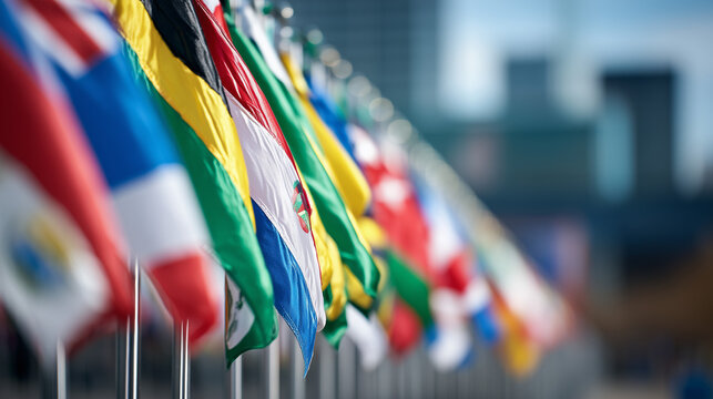 International Flags Waving at Montreal Carifiesta Festival Representing Caribbean Nations and Global Unity Through Cultural Celebration in Canada