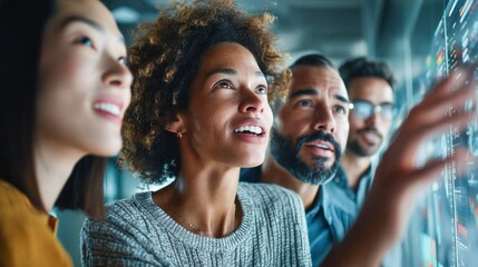 Diverse team of professionals collaborating and analyzing data on a digital interface, focused and engaged in their work.