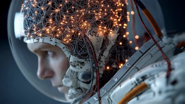 Neural interface helmet glowing with intricate brain networks, revealing futuristic space exploration technology and human cognitive potential from profile perspective