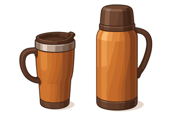 Cartoon insulated coffee mug and thermal vacuum flask set with handles. Travel drinkware, hot beverage containers, portable thermos cup, vector illustration isolated on white background