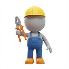 builder faceless cartoon character In yellow construction   helmet, in blue overalls and orange details, holds a pliers in one his hand, 3D render isolated on a white background