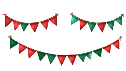 Set of festive red and green bunting banners colorful triangular flags decoration party celebration isolated on white background