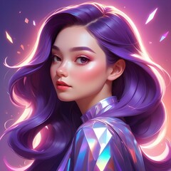 Fototapeta premium Dreamlike Portrait of Woman with Vibrant Purple Hair and Iridescent Clothing