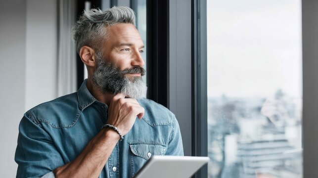 A mature man with a beard gazes thoughtfully out of a window. He is holding a tablet.