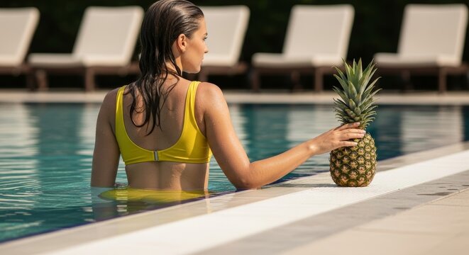 Woman in yellow bikini at poolside, reaching for a fresh pineapple. Summer vibes and healthy living.
