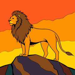 Artistic Lion Illustration with Radiant Sunset and Nature Elements
