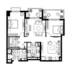 Architectural plan icons of a house in top view. Floor plan with furniture.