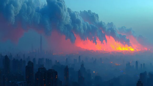 A dramatic wildfire consuming a dense forest dangerously close to a residential town at night, with houses illuminated