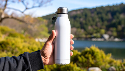 Close-Up of Hand Holding White Reusable Stainless Steel Thermo Water Bottle on Neutral Background

