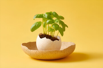 Basil plant sprouting from cracked eggshell on a plate