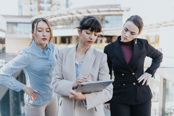 Three women in professional attire discussing and reviewing project details on a tablet in an...