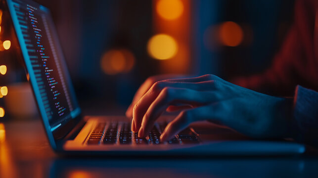Close-up of hands typing on a laptop keyboard, with code running on the screen