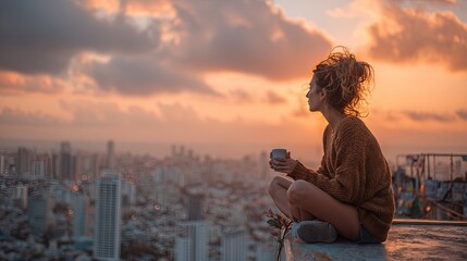 Golden rooftop solitude as a woman drinks coffee above the city skyline, basking in the glow of a dramatic sunset and soft urban silence