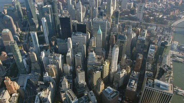 Aerial Overhead Top Down Zoom Out View Of Tall Office Buildings. Manhattan, New York City, USA. High Quality Content Shot from Helicopter.


