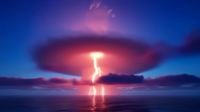 Orbital shot: a breathtaking view of a colossal storm cloud, its underside a molten furnace, unleashing chaotic streams of lightning onto a reflective sea