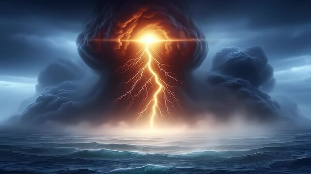 Slow-motion: a single lightning bolt splits a monolithic cloud, revealing a core of incandescent plasma, illuminating the dark ocean below