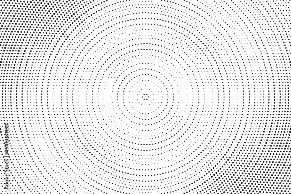 Aufkleber Radial halftone gradient background. Dotted concentric texture with fading effect. Black and white circle shade wallpaper. Grunge rough vector. Monochrome backdrop	