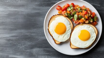 Delicious Breakfast of Two Eggs on Toast with Fresh Tomatoes and Salsa