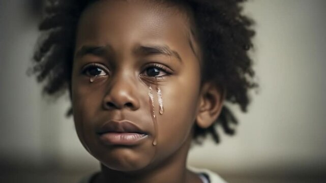 A sorrowful black child shedding tears, capturing a moment of deep emotion and vulnerability. The image conveys a poignant scene of sadness, highlighting the childs expressive and heartfelt emotions.