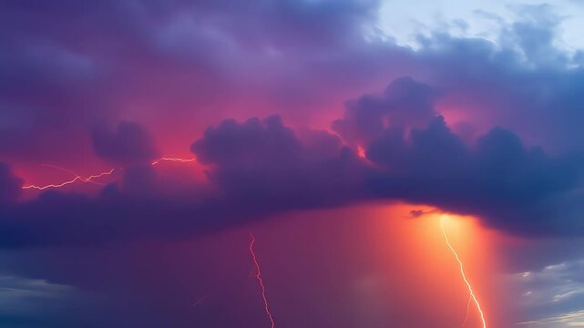 Dolly zoom: approaching a colossal cloud, its underside an inferno, as a lightning strike illuminates the dramatic scene