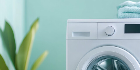 A washing machine with folded towels on top is situated indoors, next to a leafy plant. Household cleanliness and convenience