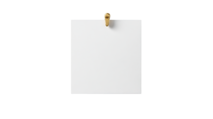 Square white note pinned with a gold pin for office reminder message or stationary concept isolated on white background