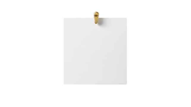 Square white note pinned with a gold pin for office reminder message or stationary concept isolated on white background