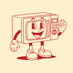 Friendly Cartoon Microwave Waving with a Smile and Humanlike Features in a Retro Style Design