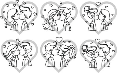 Naklejka premium cute cartoon Kissing vector outline with hearts and sparkles around.