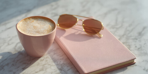 A cup of cappuccino sits next to sunglasses and a closed pink book on a marble surface. Relaxation and leisure time