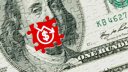 Falling dollar icon in missing puzzle piece on hundred dollar bill