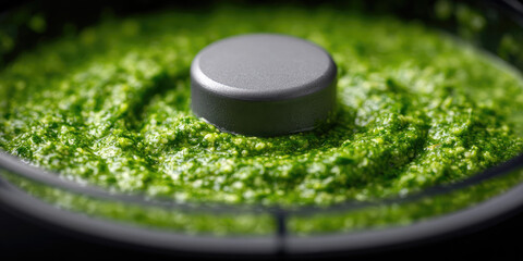Green pesto sauce is in a food processor container, evenly spread around the blade hub. Fresh, homemade, sauce preparation